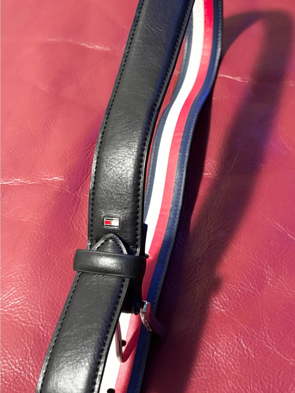 Tommy Hilfiger Black Belt with Red, White & Blue Stripe